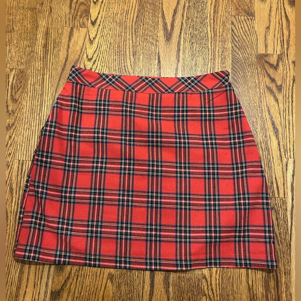 English Factory Red Plaid Pencil Skirt